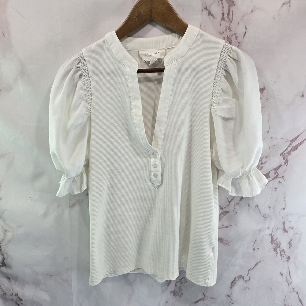 Tuckernuck Shirt Womens Small White Puff Sleeve Livia Ribbed Tee Short Pomander